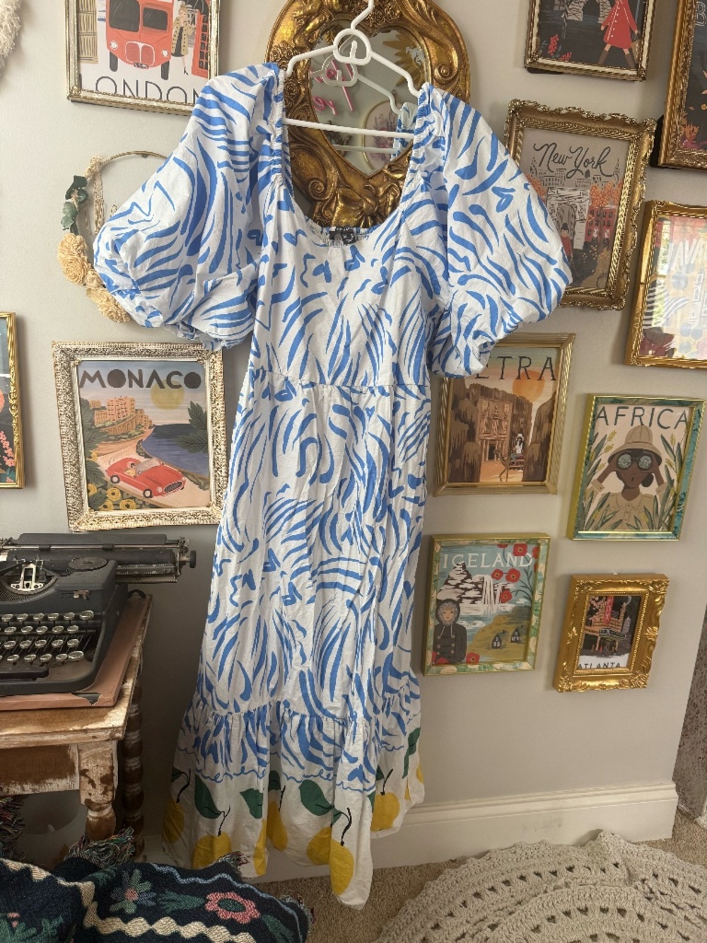 Primark Lemon Print Maxi Dress 2XL Puff Sleeve Mediterranean Style